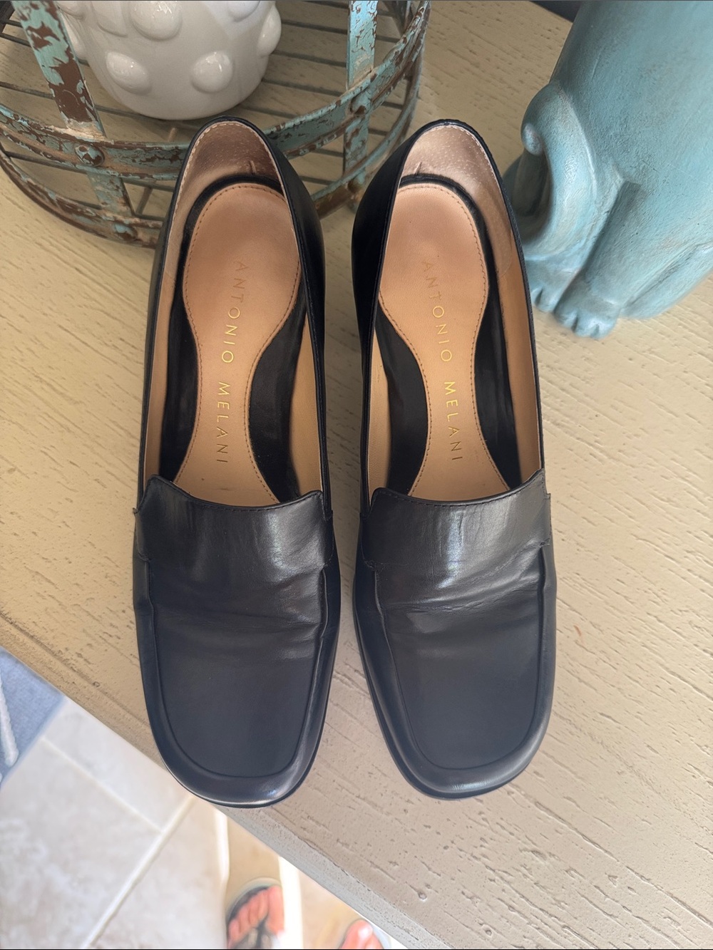 ANTONIO MELANI Black Leather Block Heel Loafers